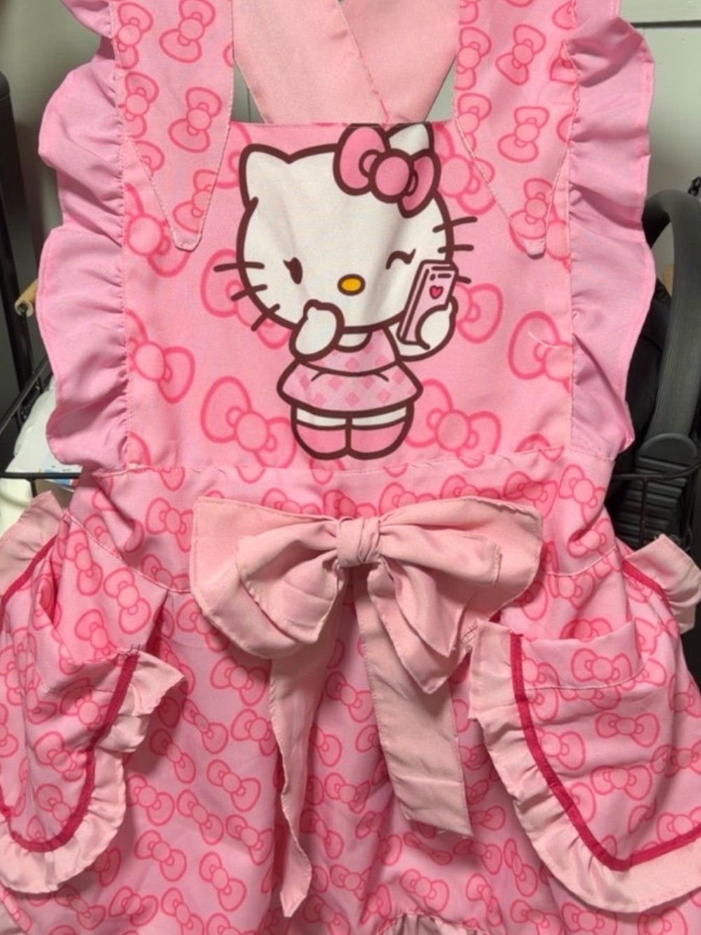 Hello Kitty Pink Ruffle Bib Apron with Bow - handmade